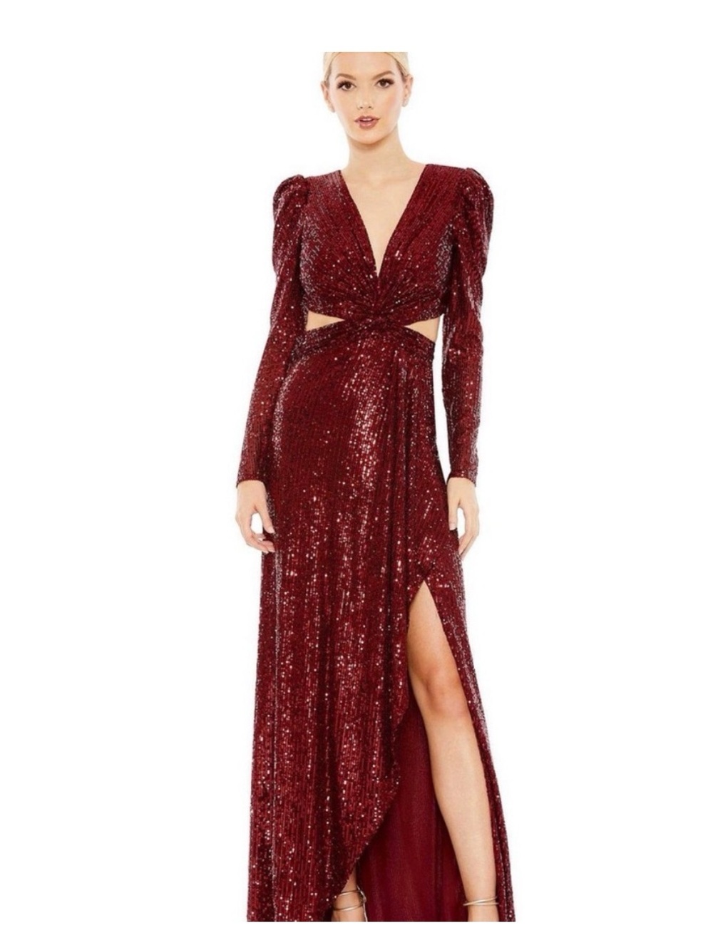 Sequin Twist Front Evening Gown in Burgundy